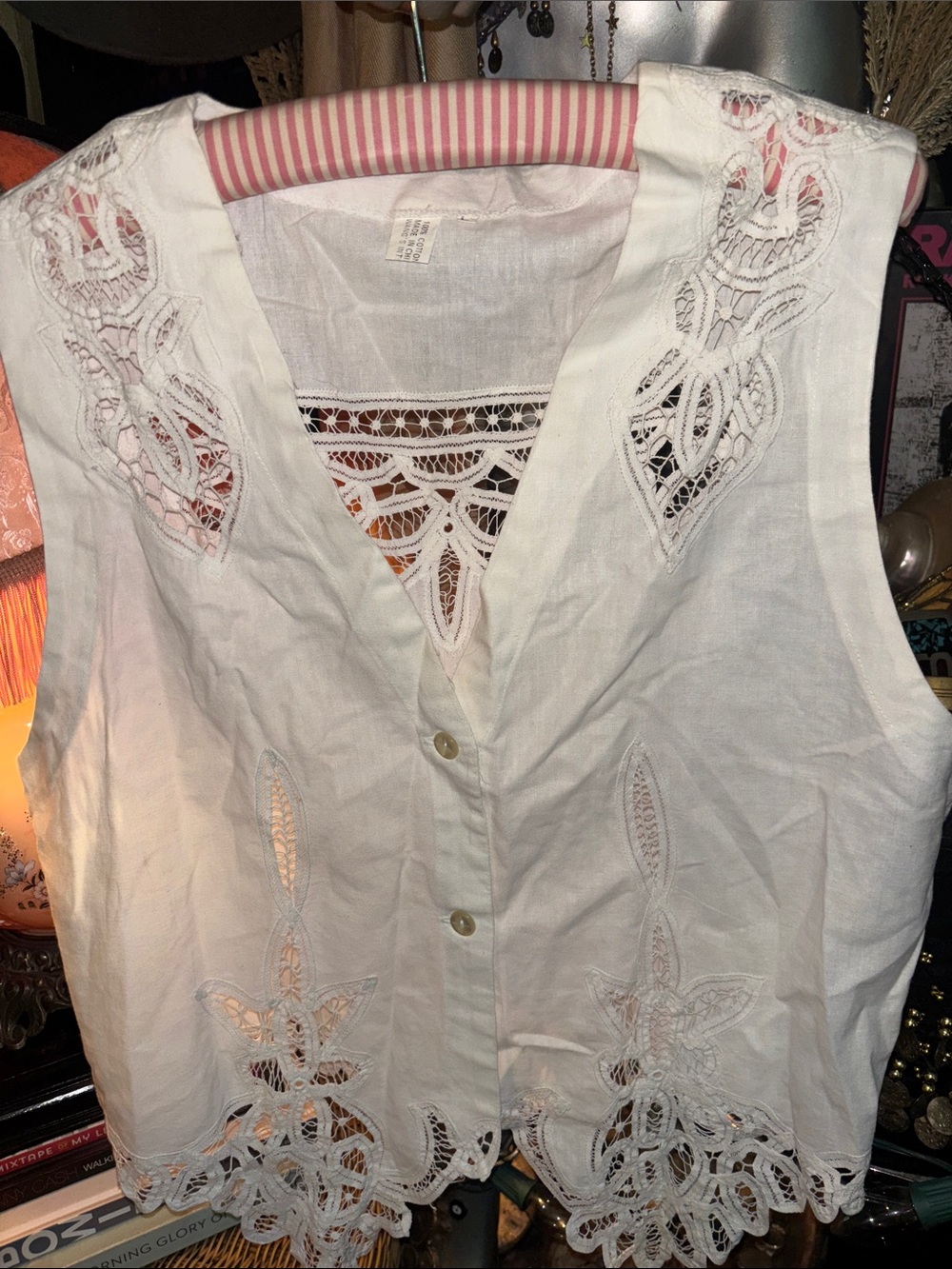Women's White Lace-Trim Sleeveless Button Front Vest